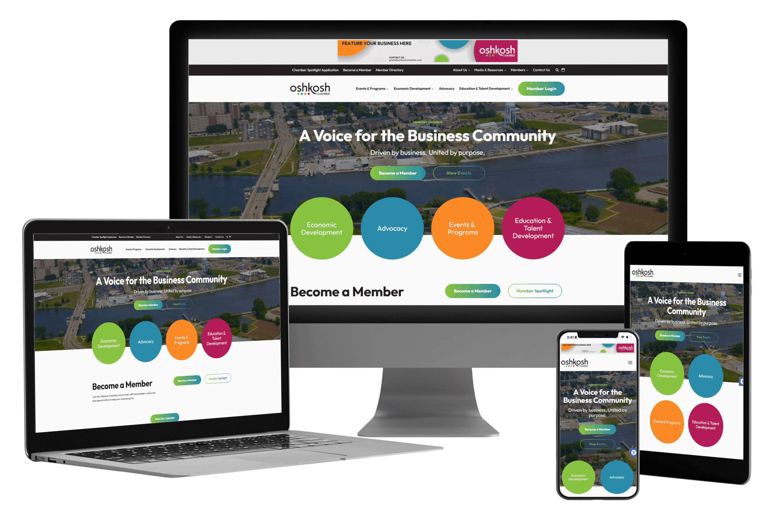 Oshkosh Chamber mockups multiple screen sizes